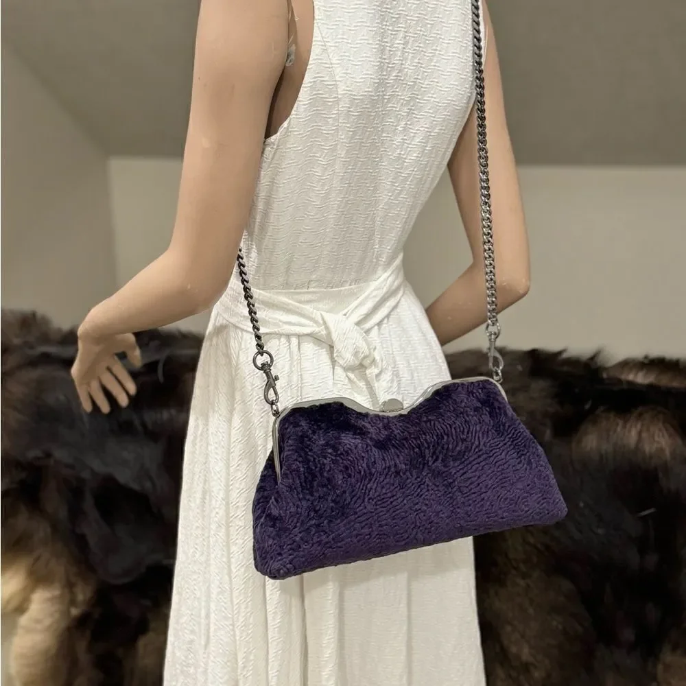 Purple Handmade Real Shearling leather Push Lock Shoulder Bag/Crossbody